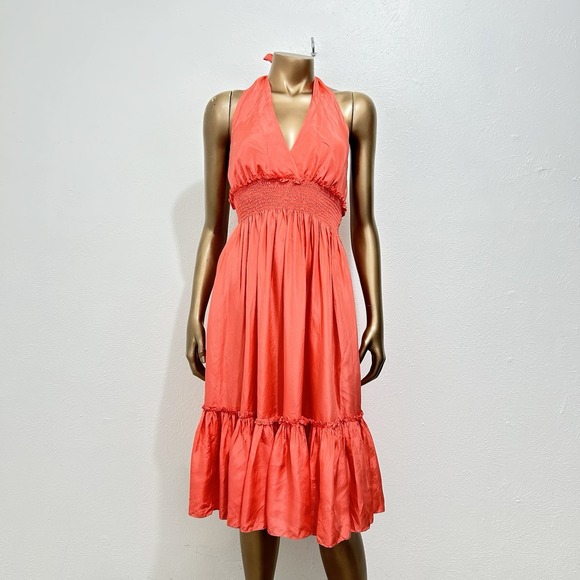 BCBGMaxAzria Dresses & Skirts - BCBG Maxazria Halter Dress Sz XS 100% Silk Coral Tiered Wedding Guest Party Midi